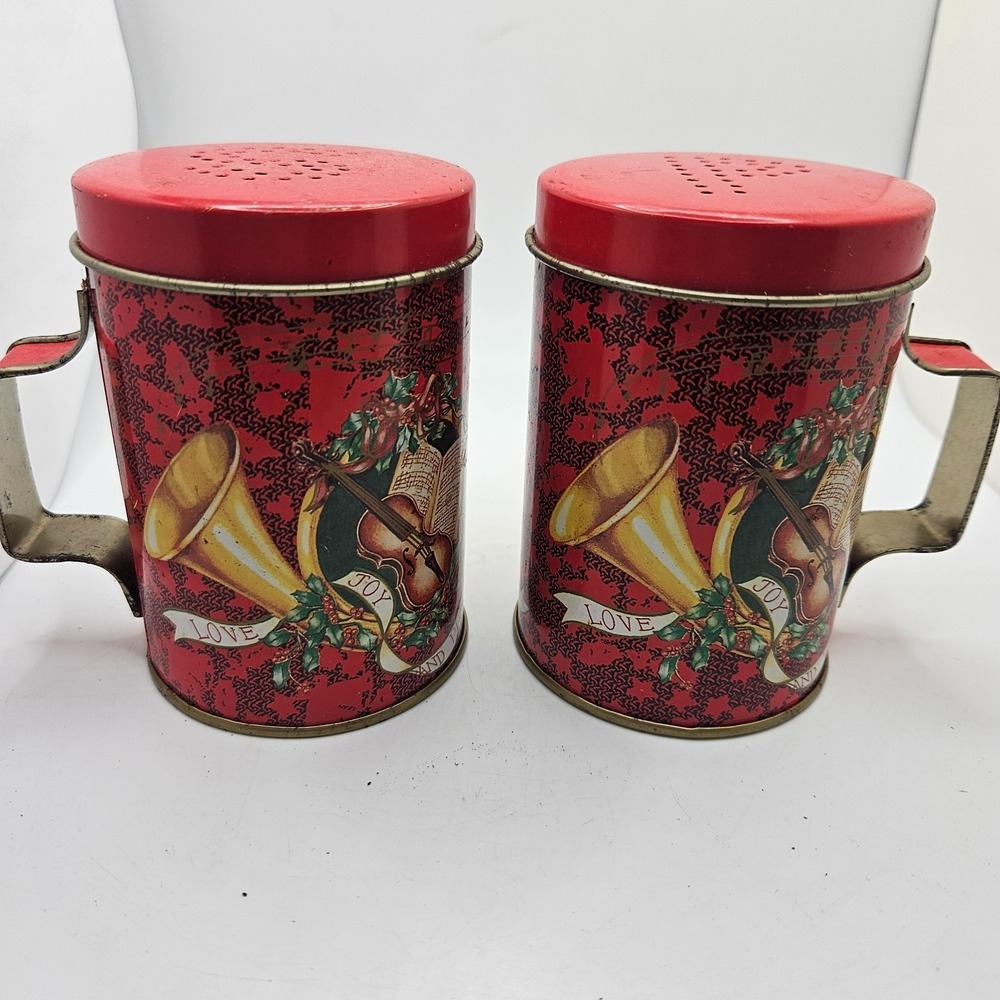 Vintage‎ Christmas Tin Salt & Pepper Shakers Red Musical Instruments Holiday Set